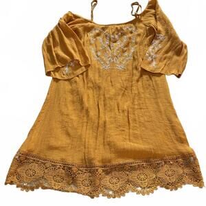 J.GEE Boho Mustard Yellow Embroidered top, crocheted bottom Dress SZ Petite M